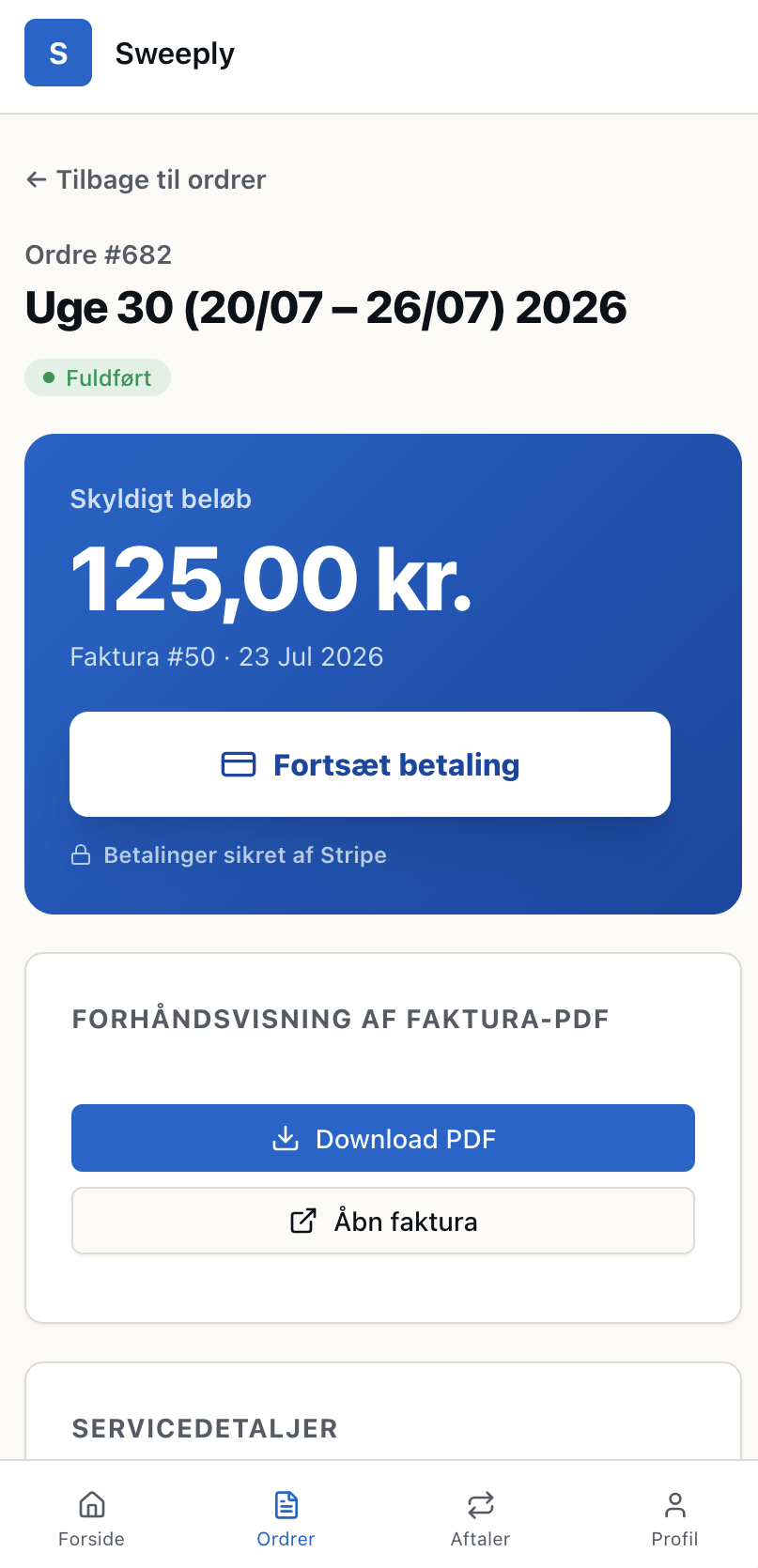 Sweeply-kundeportal med besøg, aftaler og fakturaer