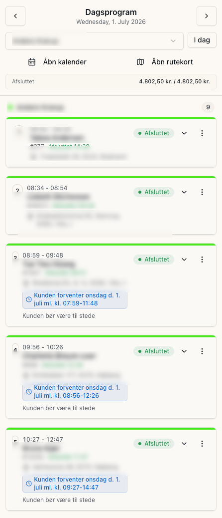 Sweeplys mobile dagsprogram med dagens kundebesøg
